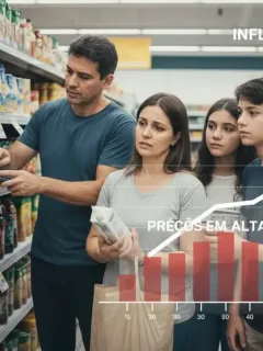 Família brasileira preocupada com preços altos em supermercado, com gráfico de inflação ao fundo.