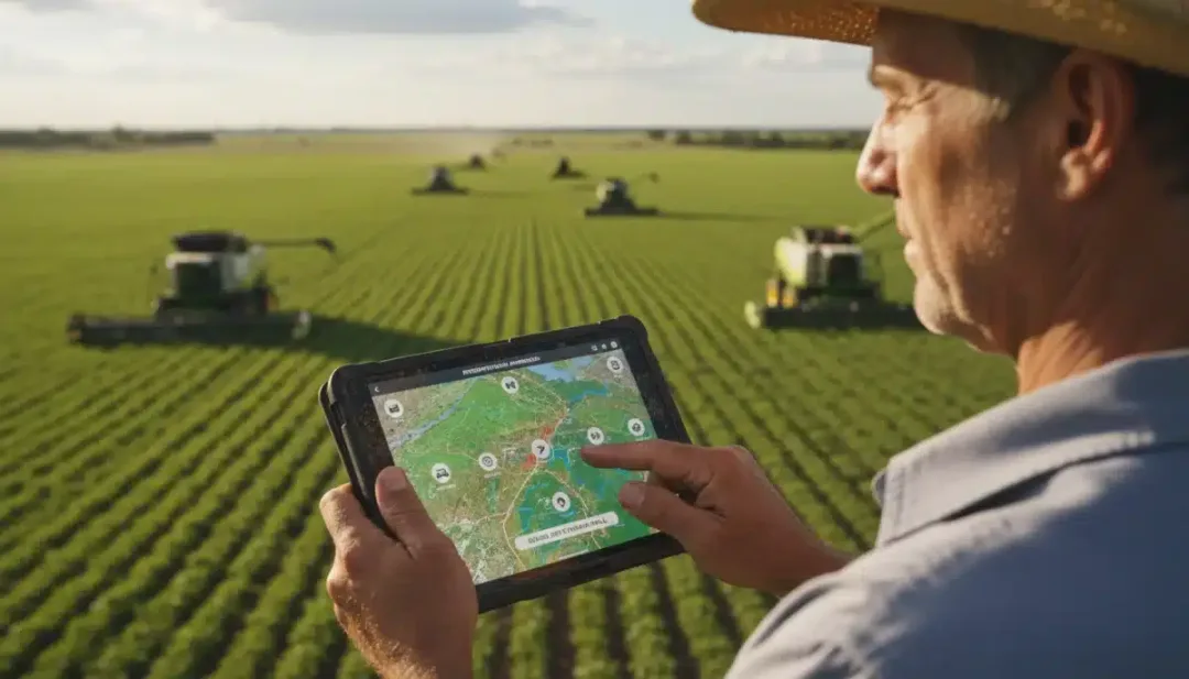 Agricultor utilizando tablet para controlar maquinário agrícola, exemplificando a digitalização e análise de dados no campo brasileiro.