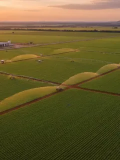 Vista aérea de uma vasta lavoura brasileira ao amanhecer, com drones e sistemas de irrigação modernos, simbolizando a produtividade do agronegócio.