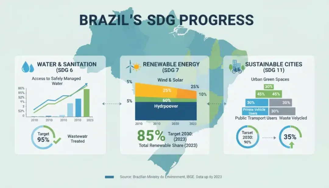 Gráfico mostrando o avanço do Brasil em Objetivos de Desenvolvimento Sustentável como água limpa e energia renovável.