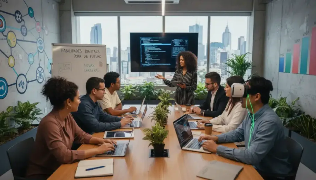 Jovens profissionais brasileiros em treinamento e desenvolvimento de novas habilidades para carreiras futuras, em um ambiente de aprendizado moderno.
