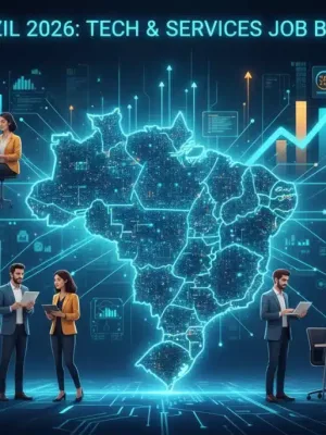 Profissionais diversos em ambiente colaborativo, simbolizando o crescimento do mercado de trabalho brasileiro em tecnologia e serviços para 2026.