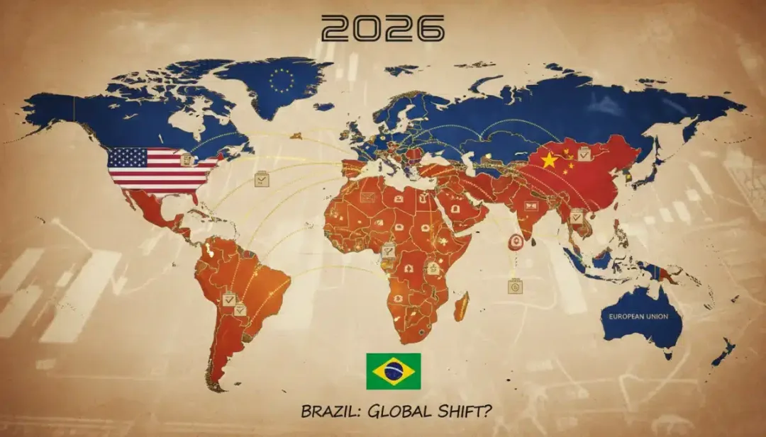Mapa-múndi com bandeiras de potências globais, símbolos de moedas e rotas comerciais, representando o impacto das eleições de 2026 no comércio.