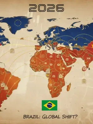 Mapa-múndi com bandeiras de potências globais, símbolos de moedas e rotas comerciais, representando o impacto das eleições de 2026 no comércio.