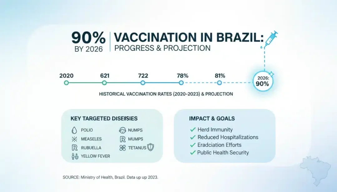 Infográfico detalhando as taxas de vacinação no Brasil e projeções para a meta de 90% de imunização em 2026, com foco em doenças prioritárias.
