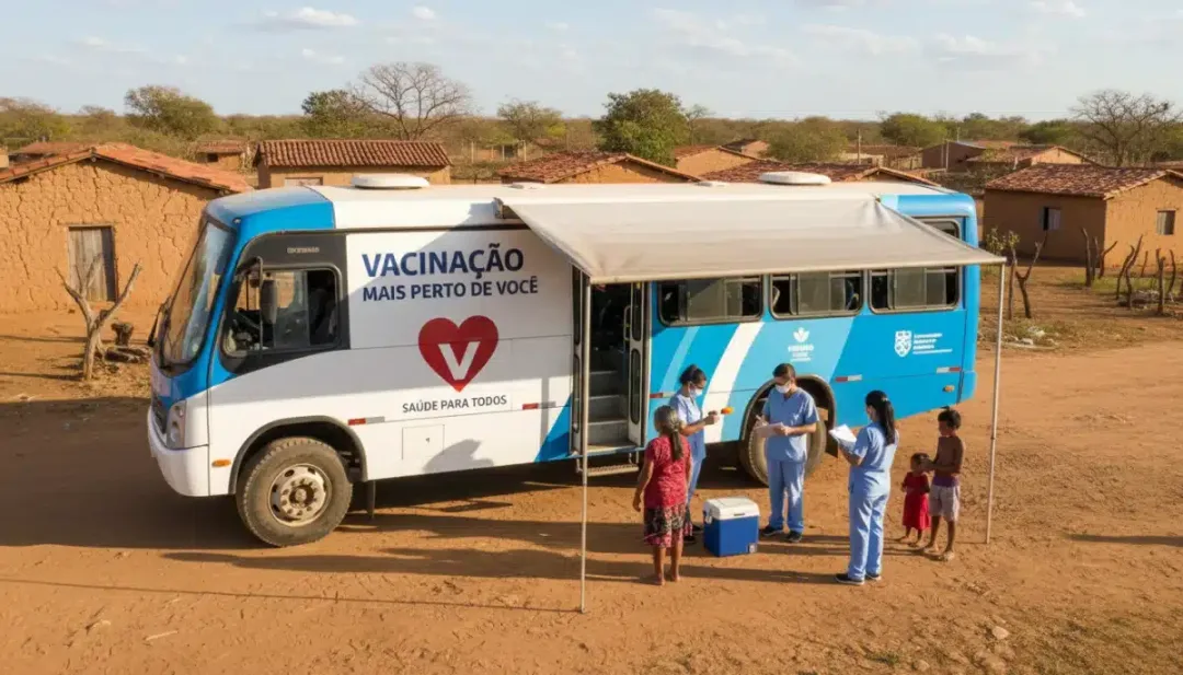 Unidade móvel de vacinação em área rural do Brasil, com profissionais de saúde atendendo a comunidade, destacando a importância do acesso e da inclusão.
