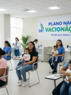 Pessoas de diversas idades recebendo vacinas em uma clínica moderna, simbolizando o Plano Nacional de Vacinação 2026 e a meta de imunização.