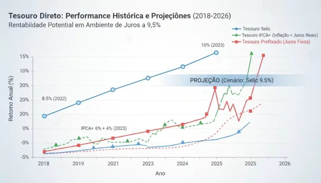 Gráfico comparativo da rentabilidade de diferentes títulos do Tesouro Direto, com projeções até 2026.
