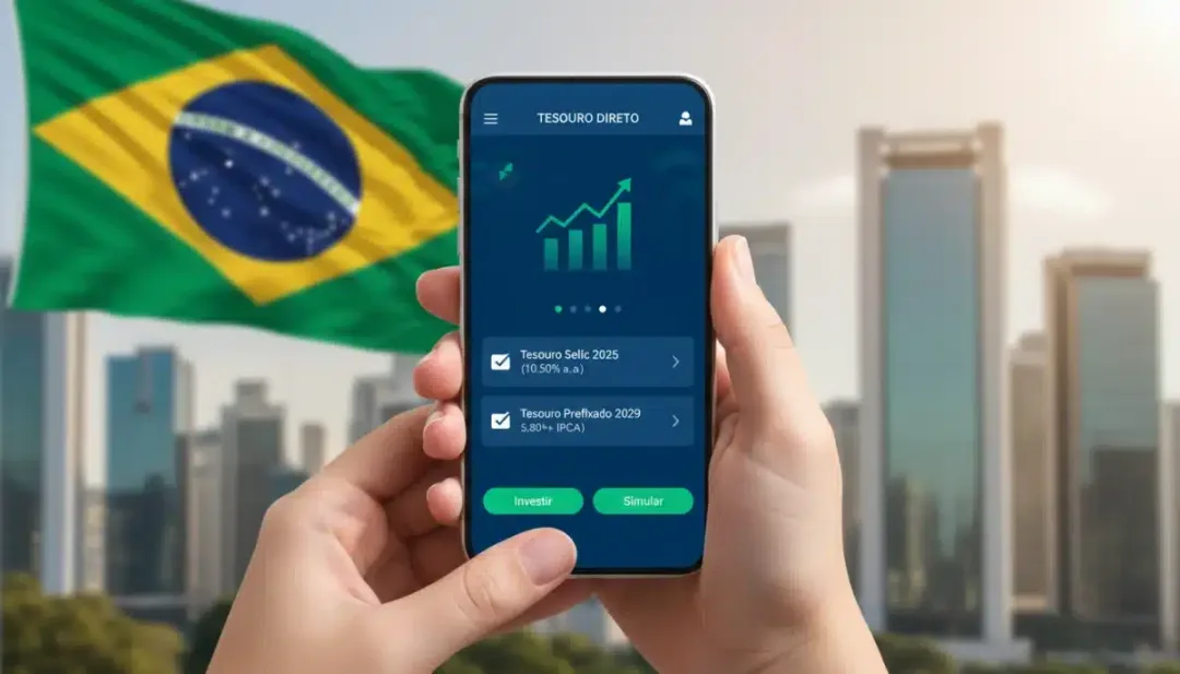 Pessoa utilizando aplicativo de investimento no celular para consultar opções do Tesouro Direto e taxas de juros.