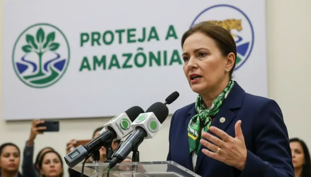 Autoridade governamental em coletiva de imprensa discutindo políticas ambientais para a Amazônia.