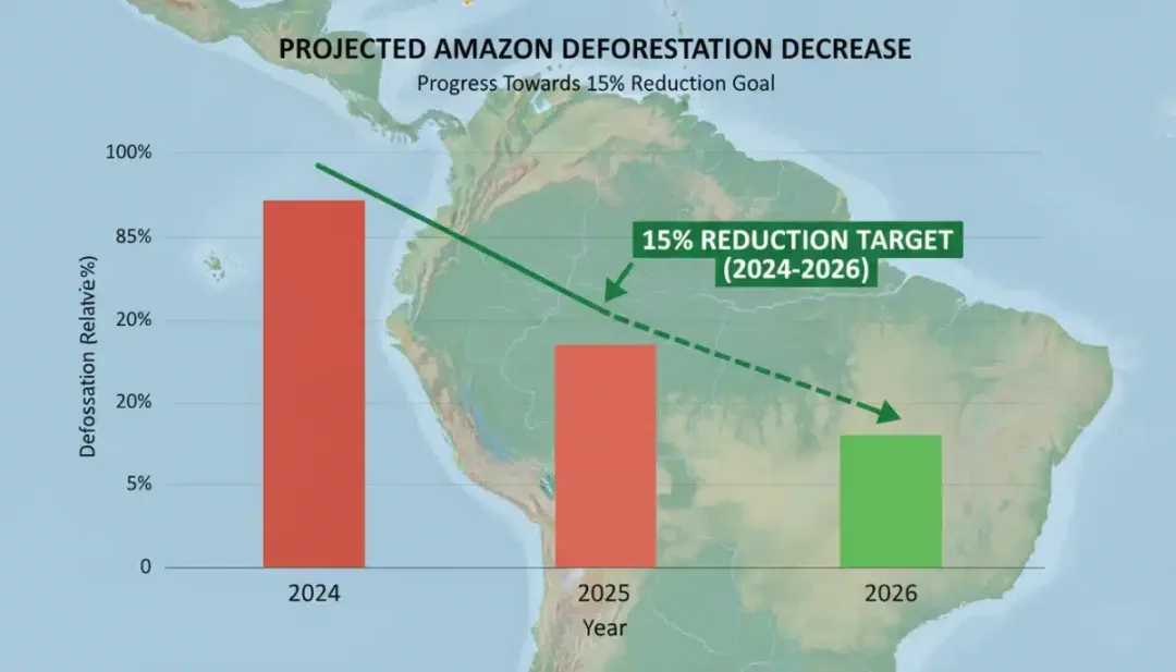 Gráfico mostrando a projeção de redução do desmatamento na Amazônia até 2026.