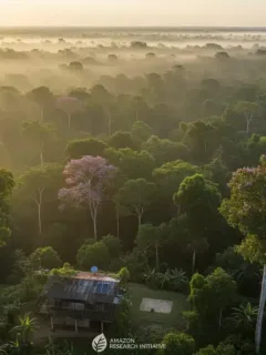 Vista aérea da floresta amazônica ao amanhecer, com uma estação de pesquisa governamental ao fundo.