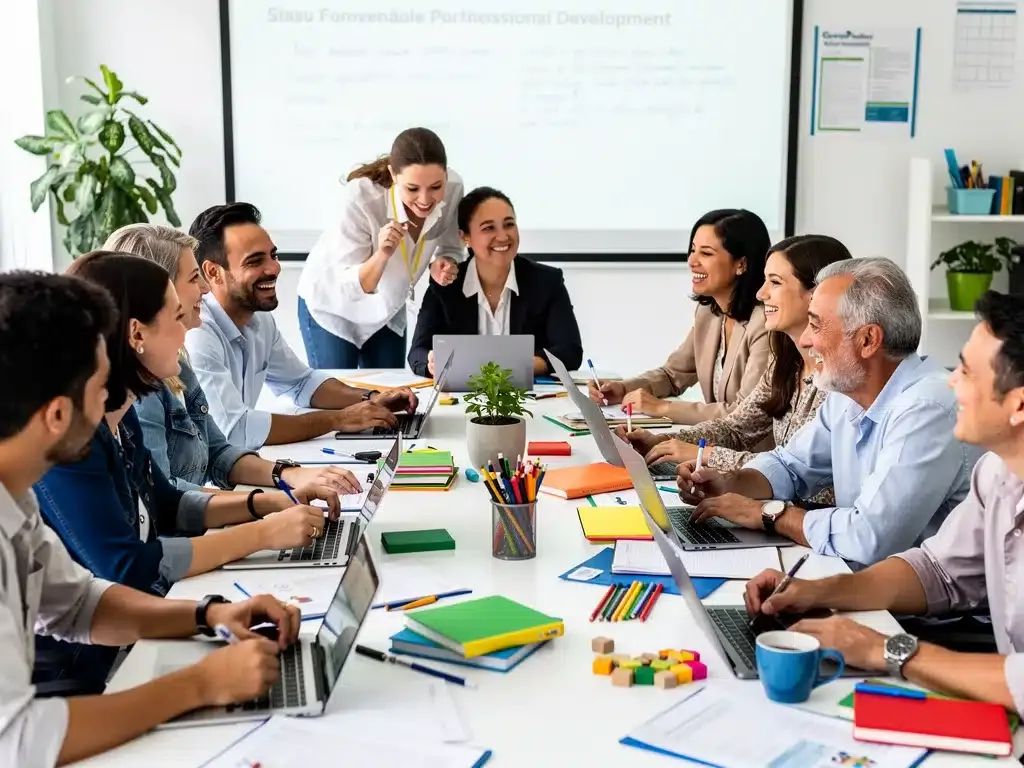Professores em workshop de formação, discutindo novas diretrizes curriculares e métodos de ensino inovadores para 2026.
