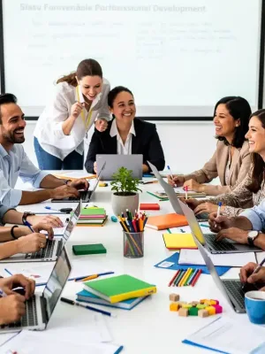 Professores em workshop de formação, discutindo novas diretrizes curriculares e métodos de ensino inovadores para 2026.
