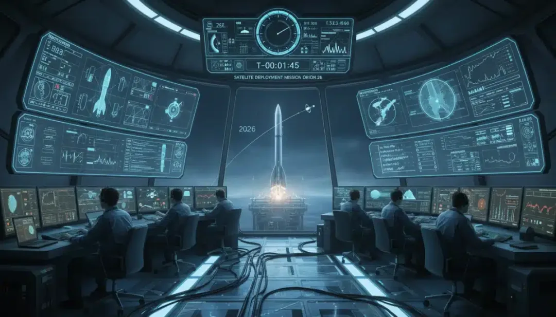 Engenheiros em sala de controle monitorando preparativos para lançamento de satélites.
