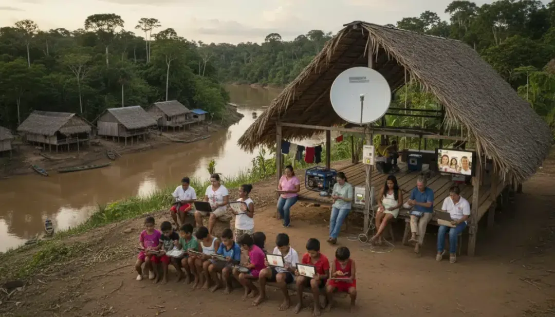 Comunidade remota brasileira utilizando internet via satélite para educação e trabalho.