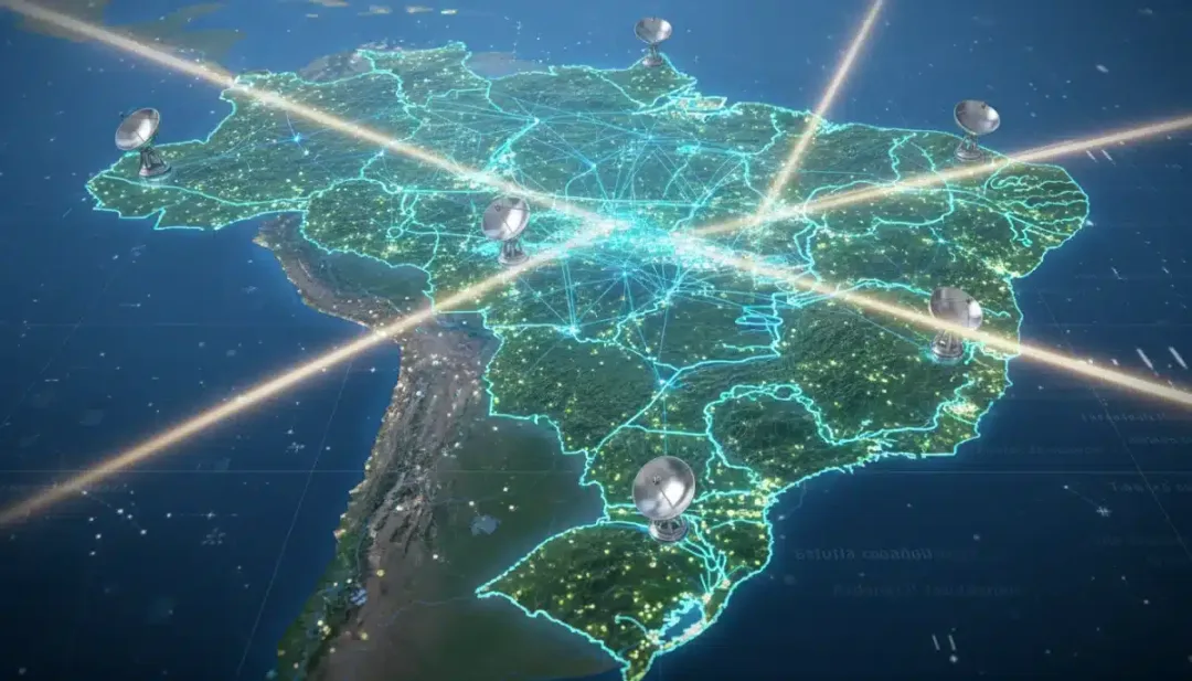 Mapa digital do Brasil com rede de satélites e sinais de conectividade alcançando regiões remotas.