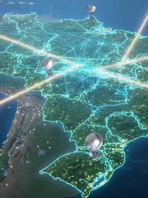 Mapa digital do Brasil com rede de satélites e sinais de conectividade alcançando regiões remotas.