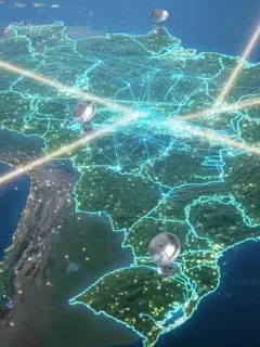 Mapa digital do Brasil com rede de satélites e sinais de conectividade alcançando regiões remotas.