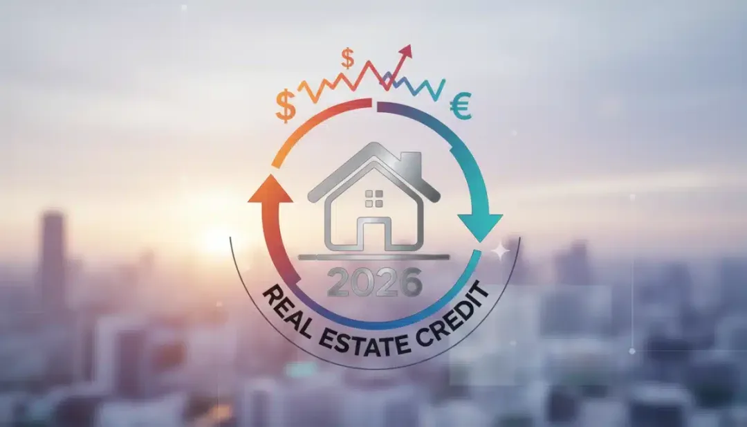 Gráfico moderno com elementos de crédito imobiliário, incluindo casas, gráficos de taxas de juros e o ano 2026, representando o futuro do financiamento.