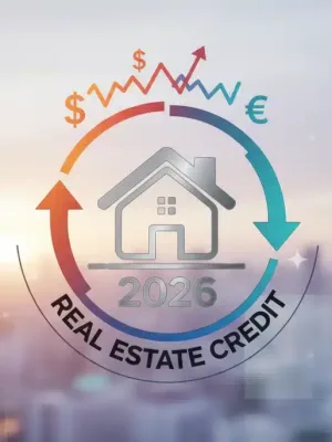 Gráfico moderno com elementos de crédito imobiliário, incluindo casas, gráficos de taxas de juros e o ano 2026, representando o futuro do financiamento.