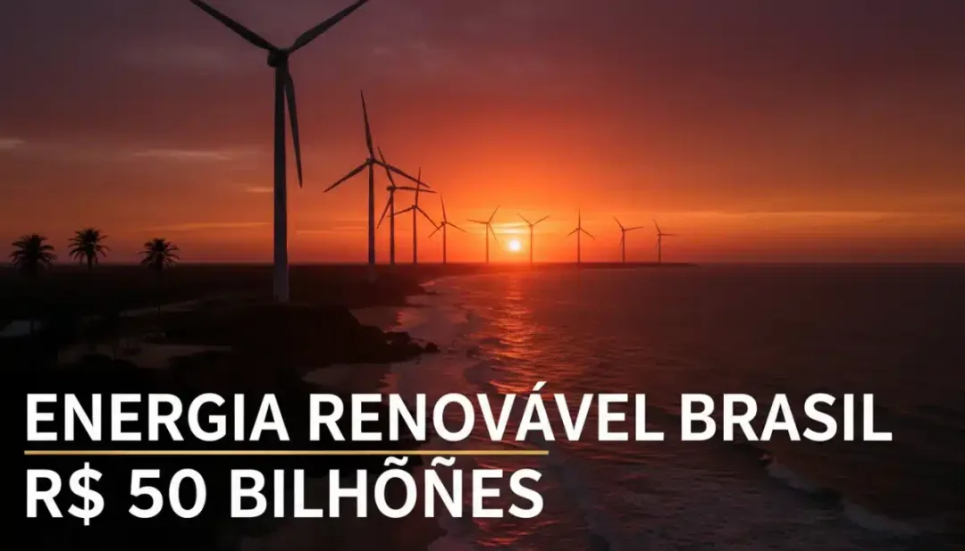 Turbinas eólicas ao pôr do sol em uma paisagem costeira brasileira, destacando o avanço da energia eólica no país.