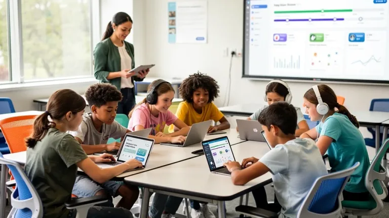 Students using adaptive learning platforms to enhance their education.