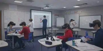 Students using EdTech tools in a modern US classroom, illustrating future learning
