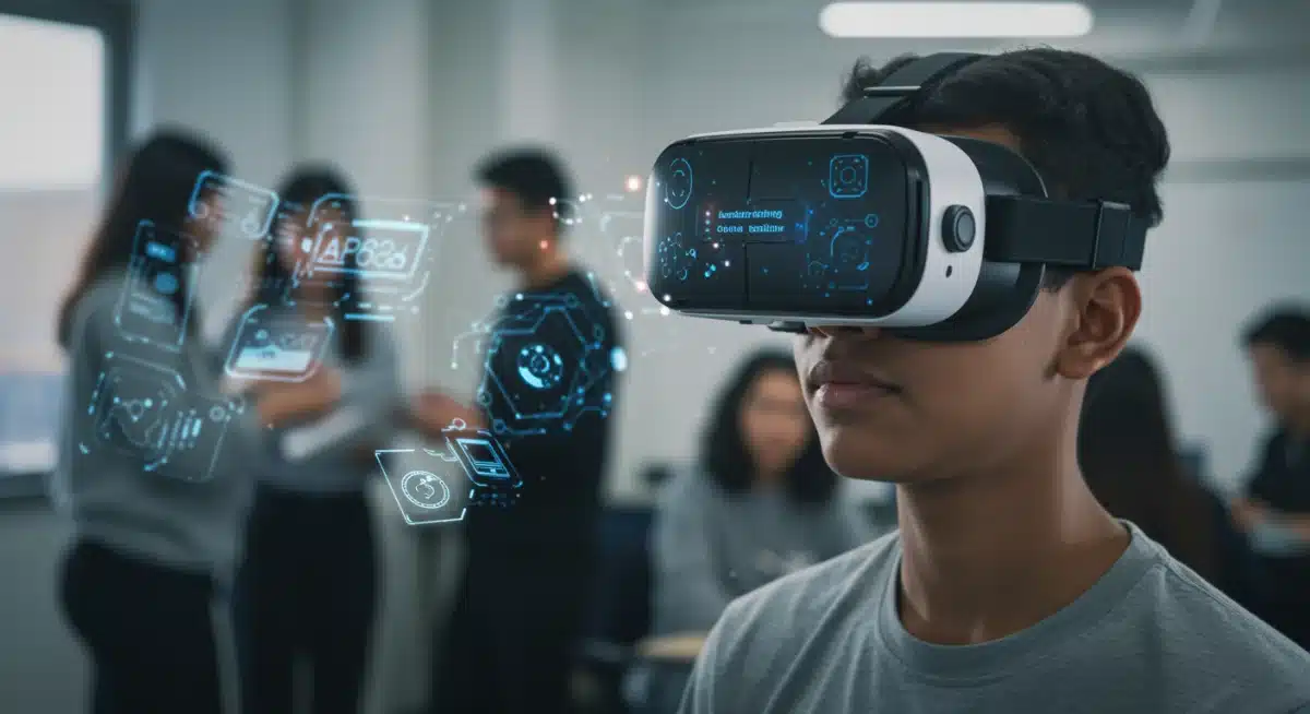 Student experiencing virtual reality for immersive learning in a classroom setting