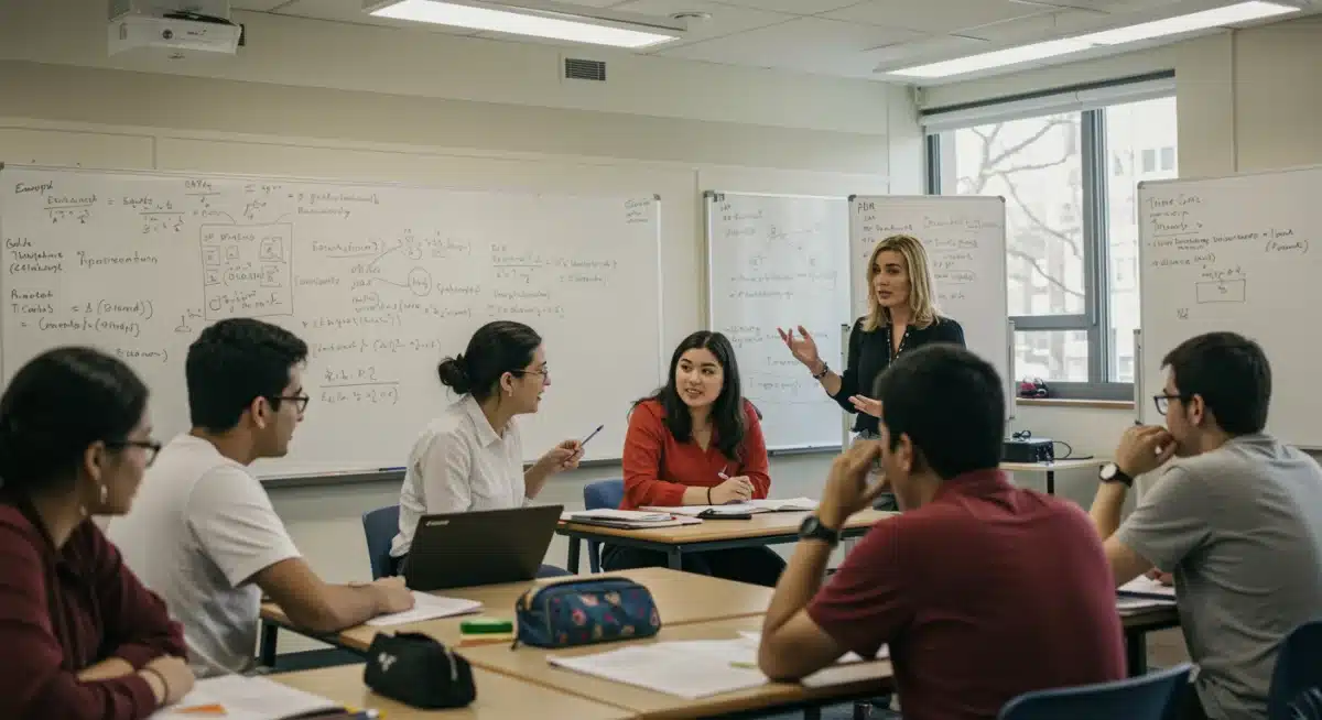 Students engaging in critical thinking and collaborative problem-solving in a modern classroom.