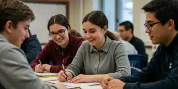 High school students collaborating on a technology project, symbolizing future job skills.