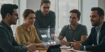 Professionals collaborating on micro-credential courses in a US co-working space