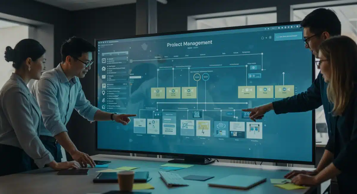 Professionals collaborating on a project management timeline on a large screen.