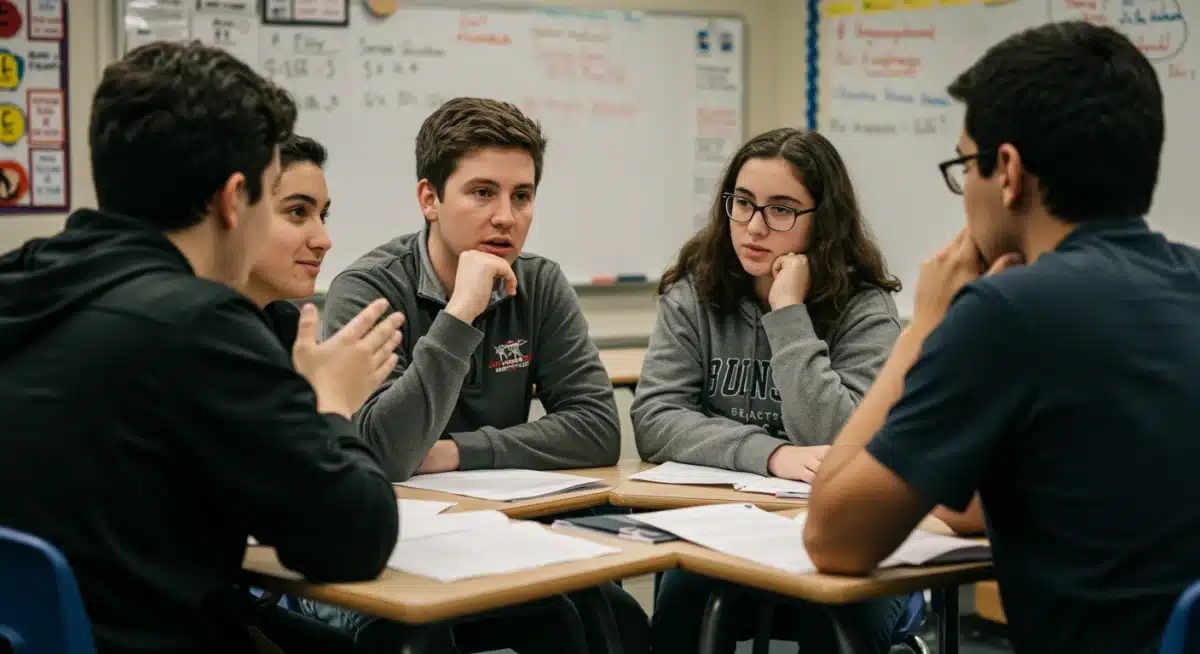 Educator leading a social-emotional learning group discussion with engaged students.