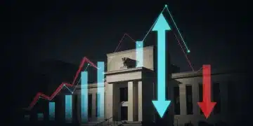 Federal Reserve building with interest rate arrows, symbolizing 2026 Fed Rate Forecasts and economic impact.
