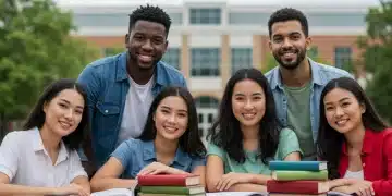 College students studying with textbooks and laptops, representing educational tax credit beneficiaries.