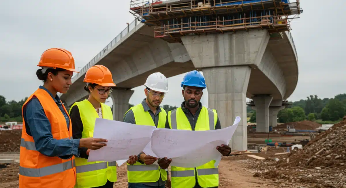 Construction workers reviewing blueprints at bridge site