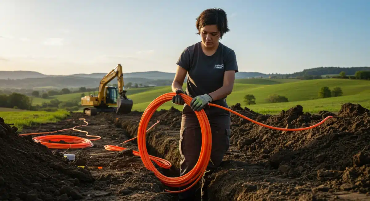 Technician installing fiber optic cable in rural area