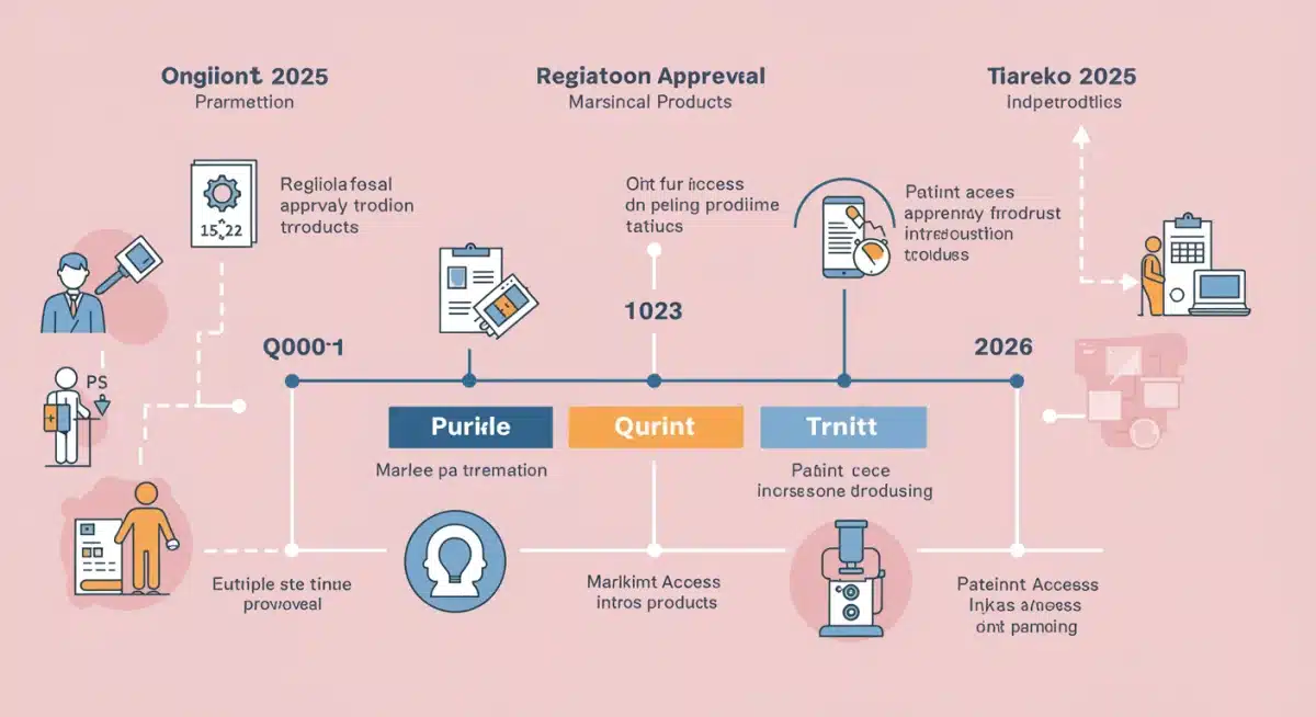 Infographic illustrating the regulatory timeline for new drug approvals and patient rollout from 2025 to 2026.