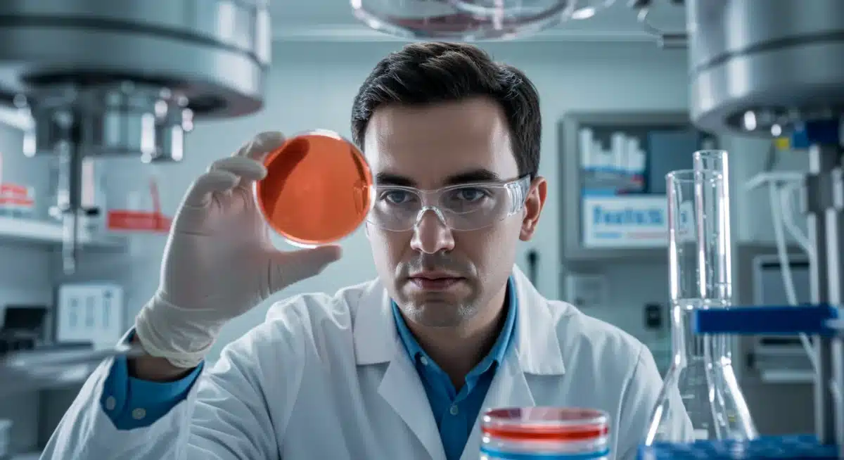 Scientist examining a petri dish in a laboratory, symbolizing medical research and development.