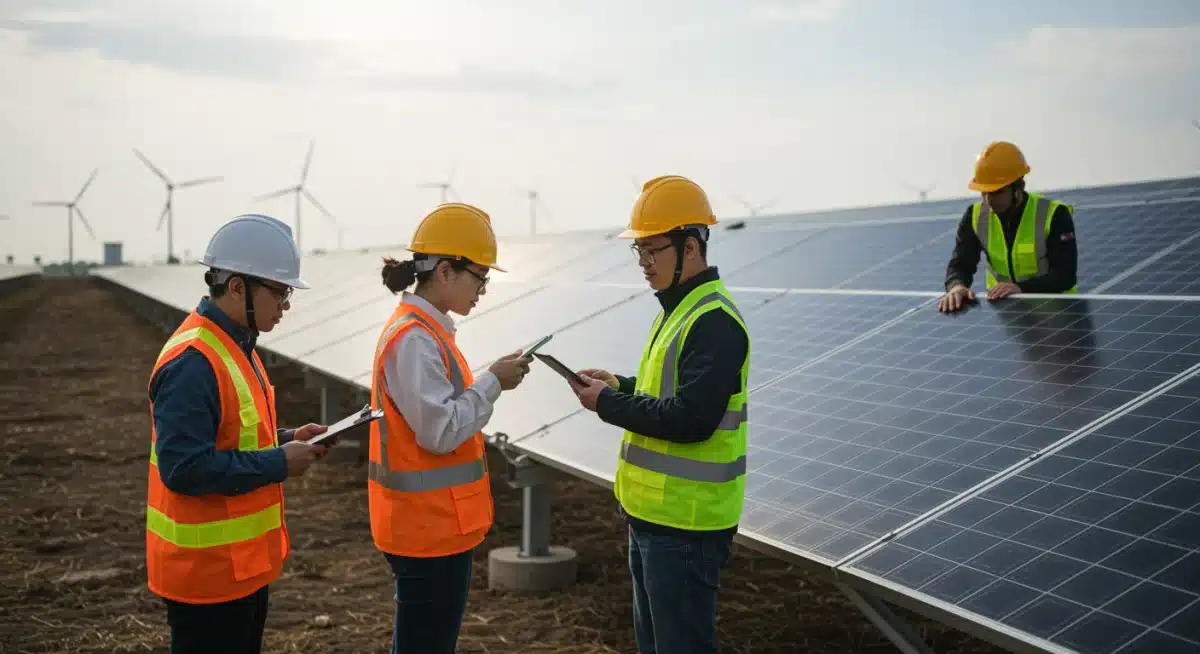 Engineers working on a solar farm installation, symbolizing renewable energy development