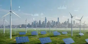 Illustration of US power grid with wind, solar, and hydro, symbolizing renewable energy growth
